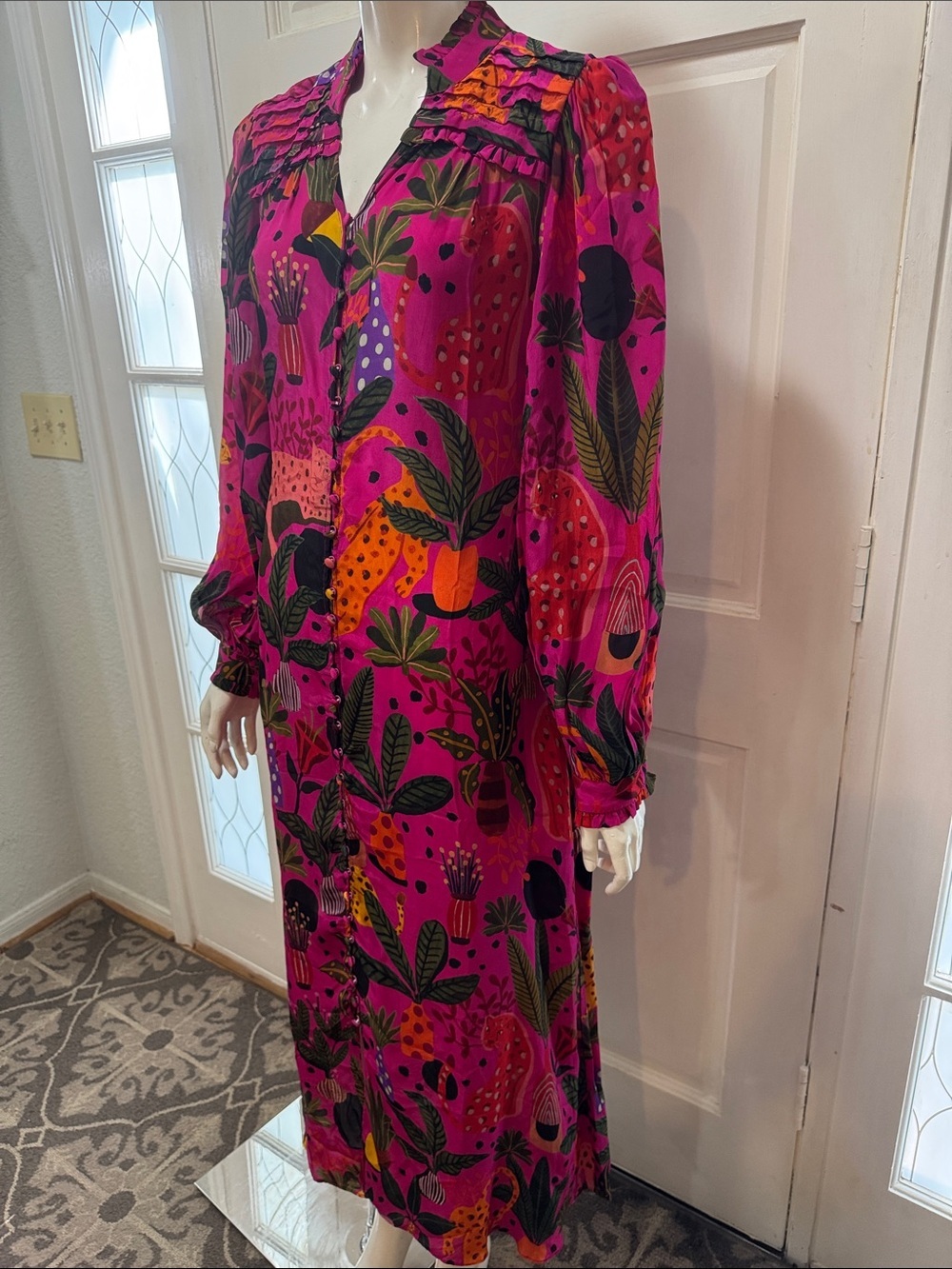 Farm Rio Jungle Print Maxi Dress Womens Pink Leopard Monkey Long Sleeve Sz S - Picture 8 of 16